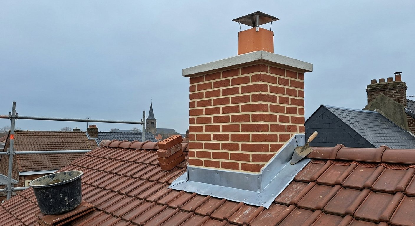 Souche de cheminée reconstruite avec solin zinc — MG Toiture